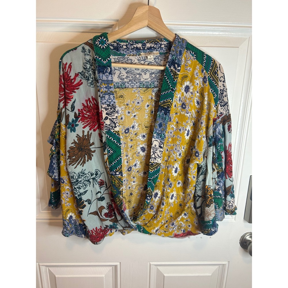 Umgee Mixed Floral Patchwork Blouse in Mustard, Teal & Red